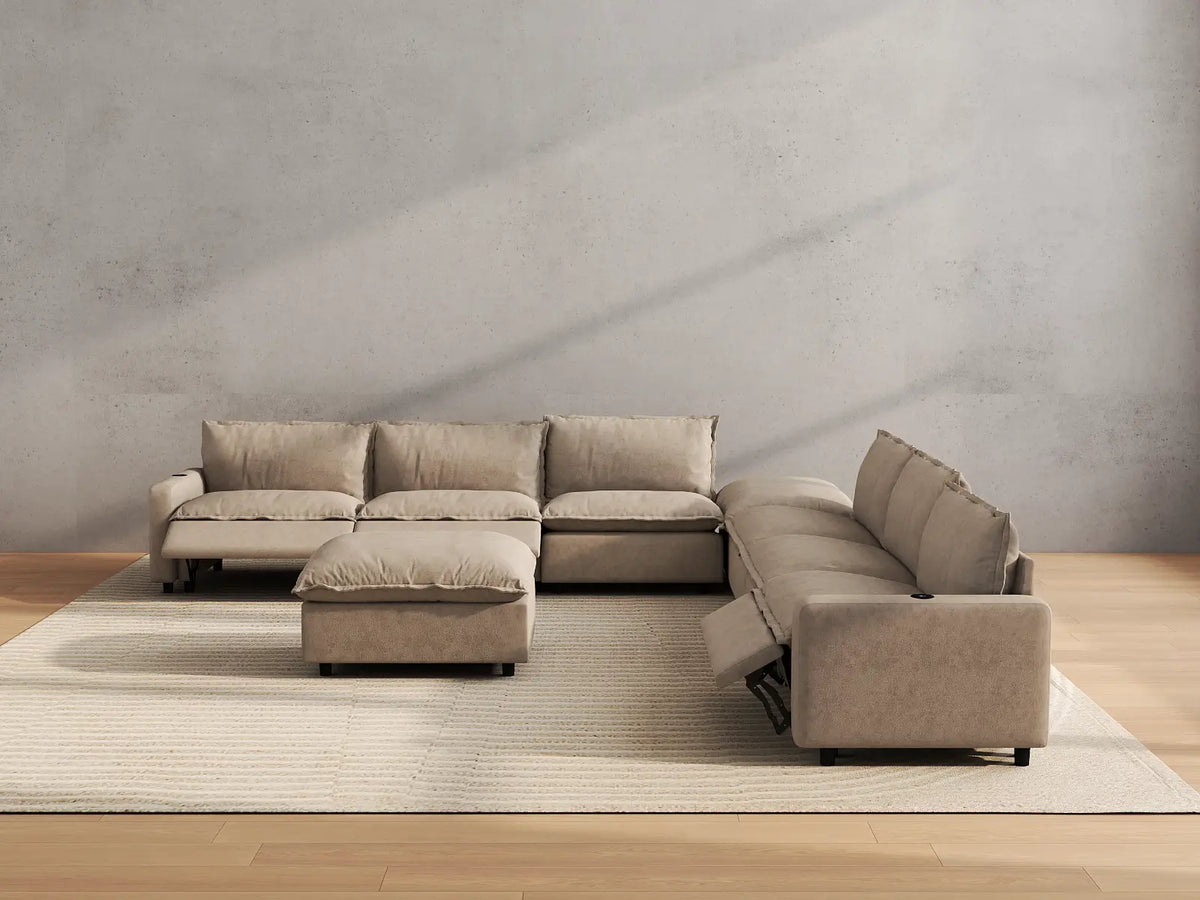 Modular Cero Reclining Sectionals | 8-Piece Khaki Linen Open Plan Sofa Sets 6-Seater with 2-Ottomans