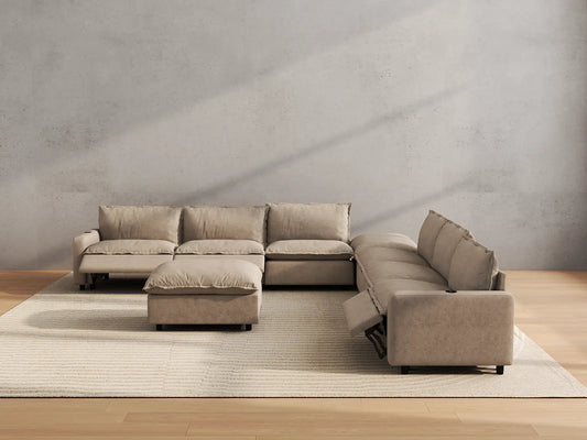 Modular Cero Reclining Sectionals | 8-Piece Khaki Linen Open Plan Sofa Sets 6-Seater with 2-Ottomans