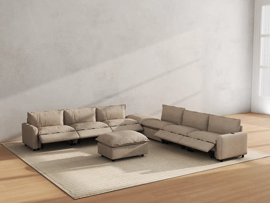 Modular Cero Reclining Sectionals | 8-Piece Khaki Linen Open Plan Sofa Sets 6-Seater with 2-Ottomans