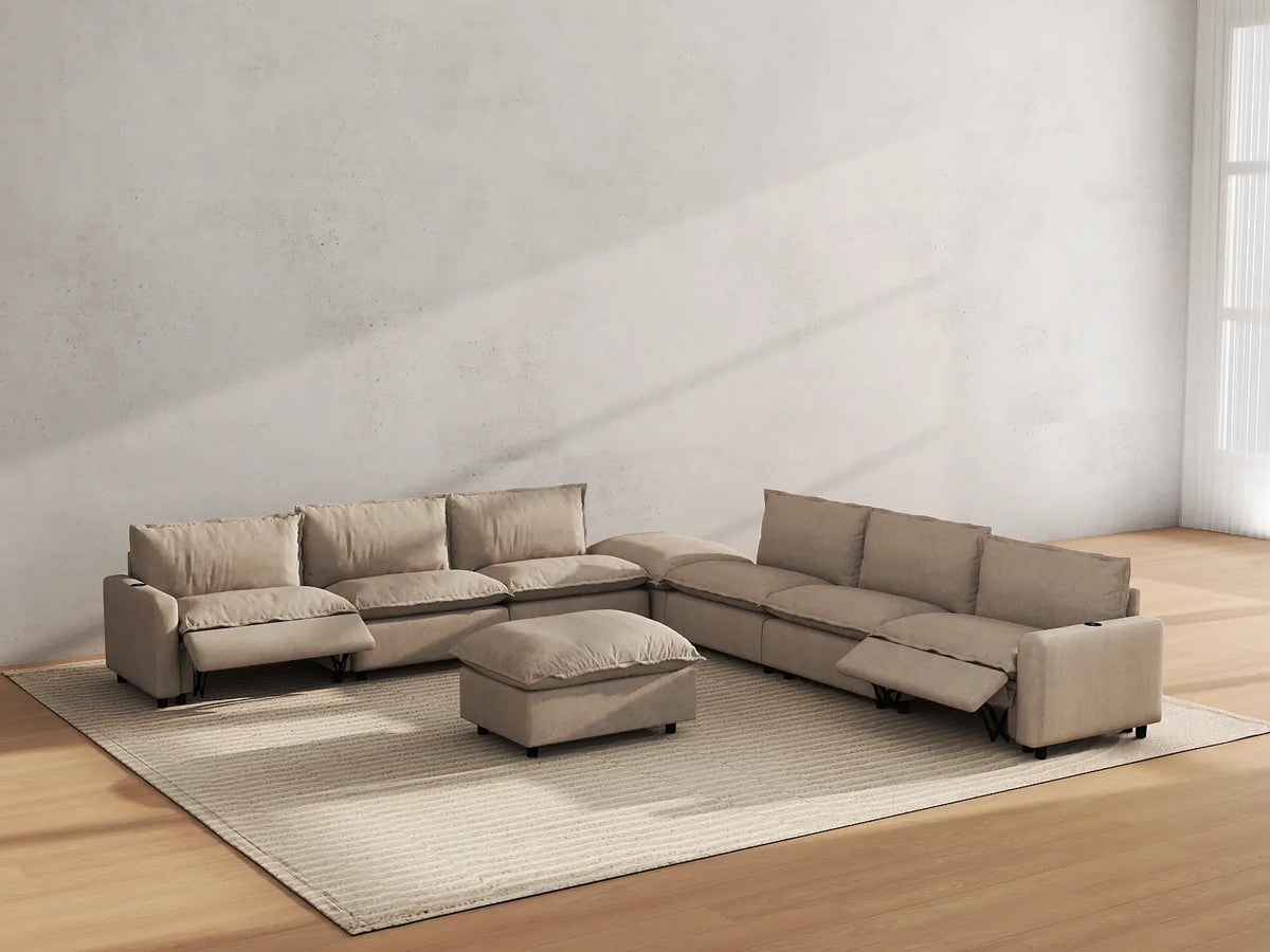 Modular Cero Reclining Sectionals | 8-Piece Khaki Linen Open Plan Sofa Sets 6-Seater with 2-Ottomans