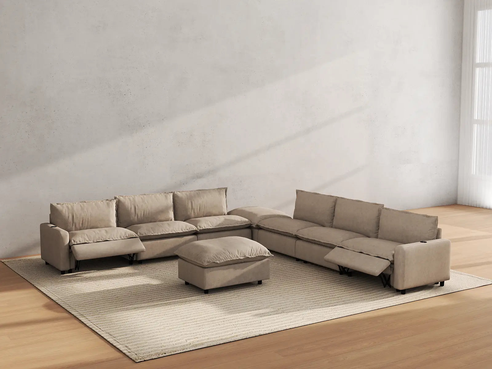 Modular Cero Recliner and Sofa Set | 8-Piece Khaki Linen Open Plan Sofa Sets 6-Seater with 2-Ottomans