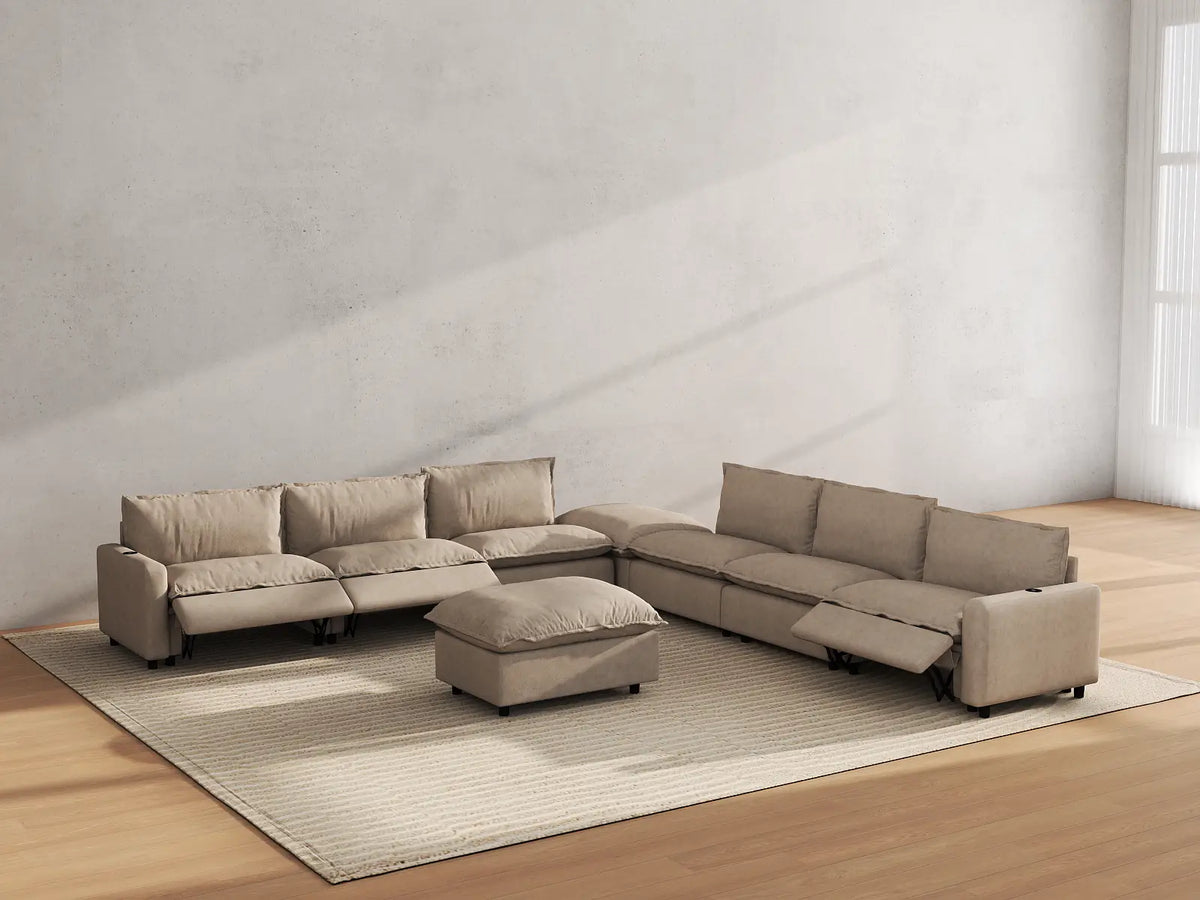 Modular Cero Reclining Sectionals | 8-Piece Khaki Linen Open Plan Sofa Sets 6-Seater with 2-Ottomans