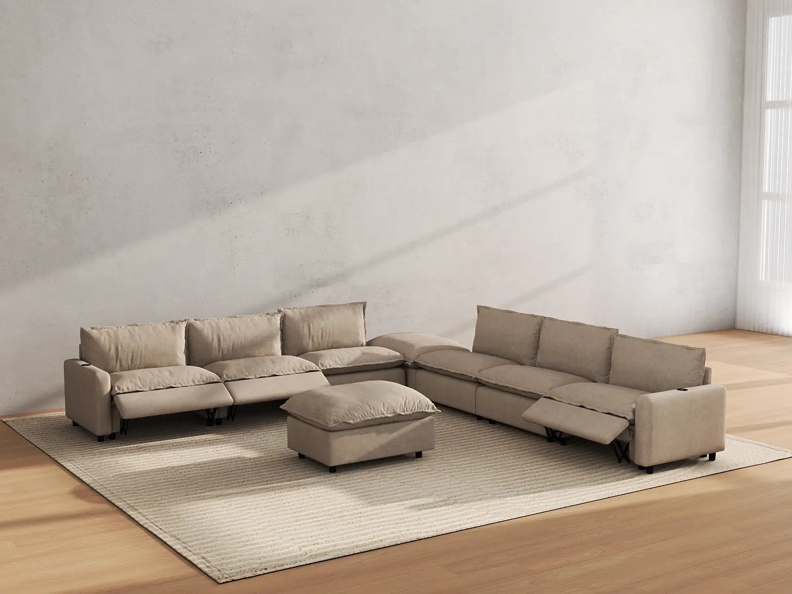 Modular Cero Contemporary Recliner Sofa Set | 8-Piece Khaki Linen Open Plan Sofa Sets 6-Seater with 2-Ottomans