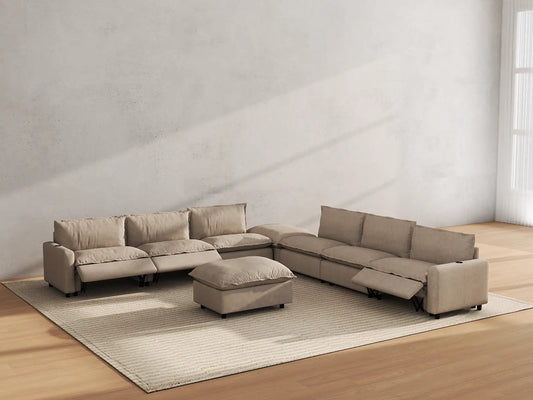 Modular Cero Reclining Sectionals | 8-Piece Khaki Linen Open Plan Sofa Sets 6-Seater with 2-Ottomans