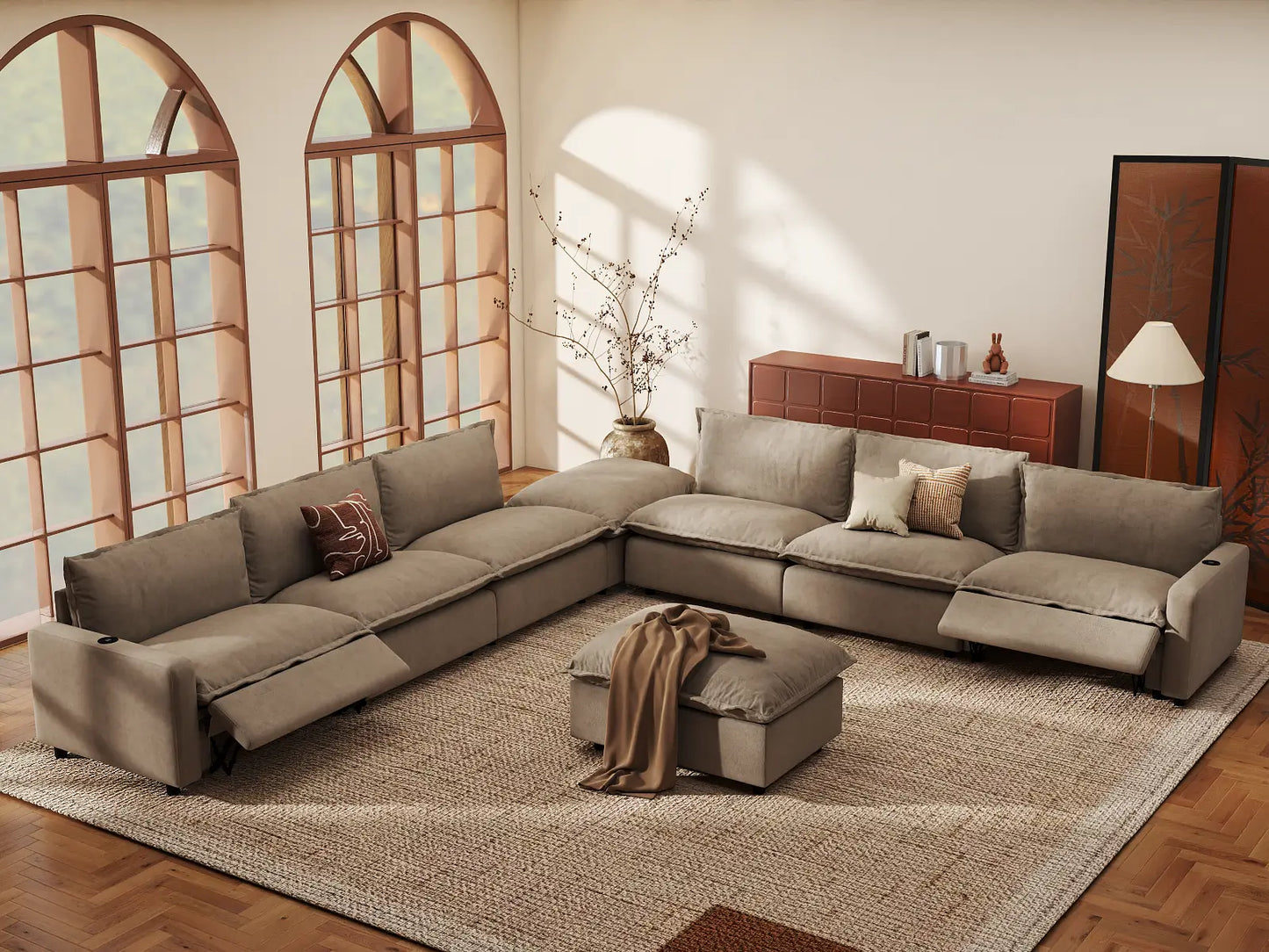 Modular Cero Reclining Sectionals | 8-Piece Khaki Linen Open Plan Sofa Sets 6-Seater with 2-Ottomans