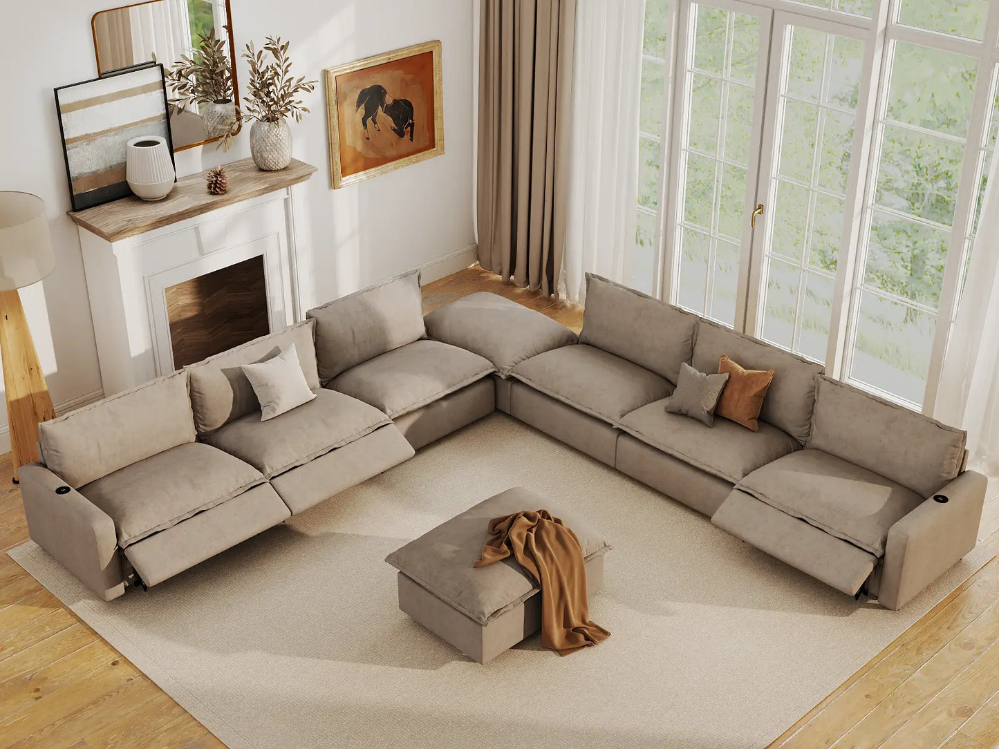 Modular Cero Reclining Sectionals | 8-Piece Khaki Linen Open Plan Sofa Sets 6-Seater with 2-Ottomans