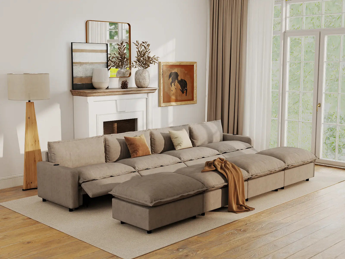 Modular Cero Reclining Sectionals | 8-Piece Khaki Linen Open Space Pit Sectionals 4-Seater with 4-Ottomans