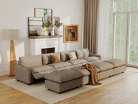 Modular Cero Reclining Sectionals | 8-Piece Khaki Linen Open Space Pit Sectionals 4-Seater with 4-Ottomans