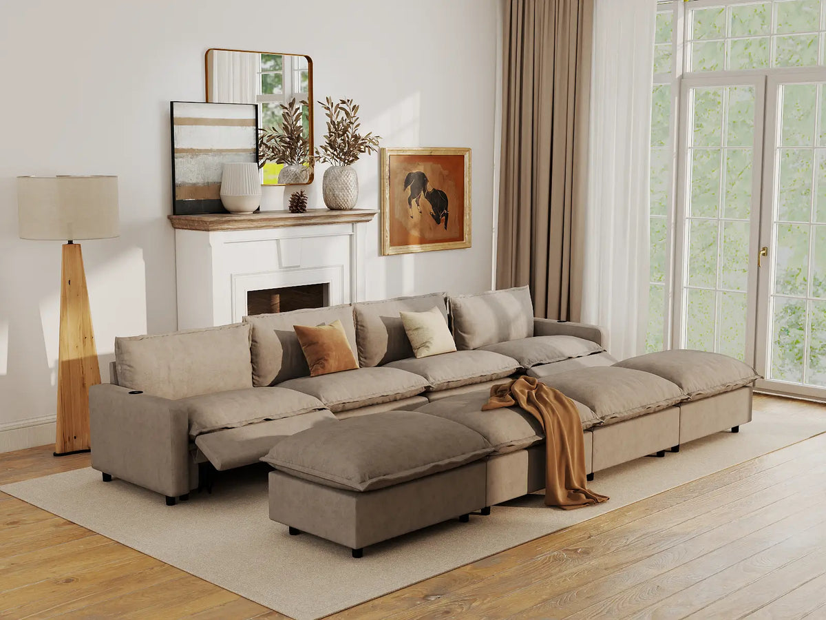 Modular Cero Reclining Sectionals | 8-Piece Khaki Linen Open Space Pit Sectionals 4-Seater with 4-Ottomans