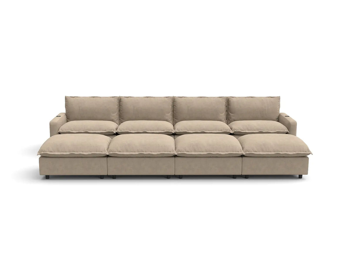 Modular Cero Reclining Sectionals | 8-Piece Khaki Linen Open Space Pit Sectionals 4-Seater with 4-Ottomans