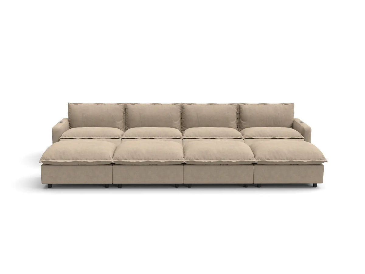 Modular Cero Reclining Sectionals | 8-Piece Khaki Linen Open Space Pit Sectionals 4-Seater with 4-Ottomans