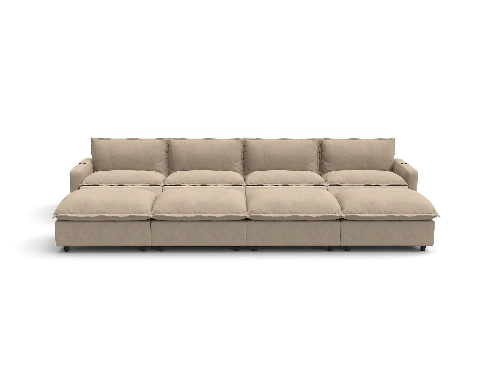 Modular Cero Sectional Couch with Recliner and Chaise | 8-Piece Khaki Linen Open Space Pit Sectionals 4-Seater with 4-Ottomans