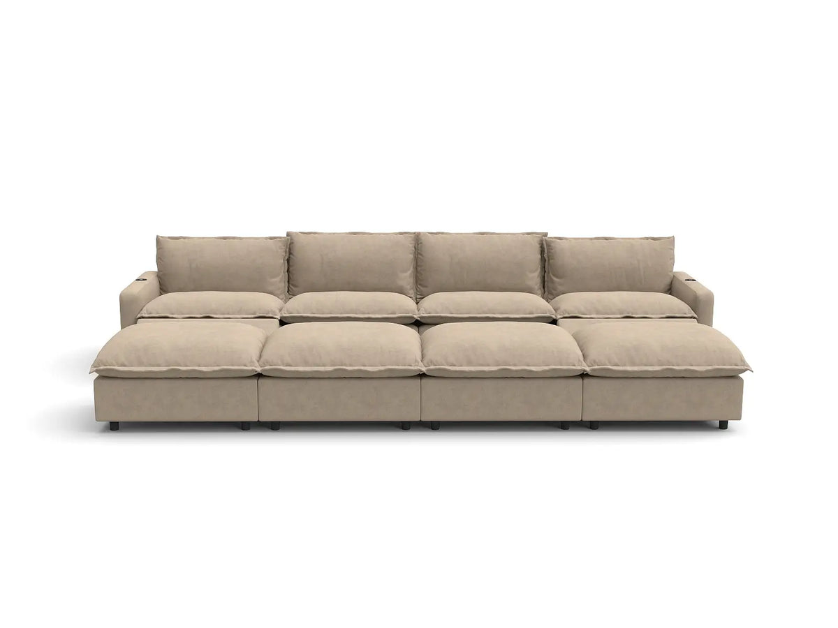 Modular Cero Reclining Sectionals | 8-Piece Khaki Linen Open Space Pit Sectionals 4-Seater with 4-Ottomans