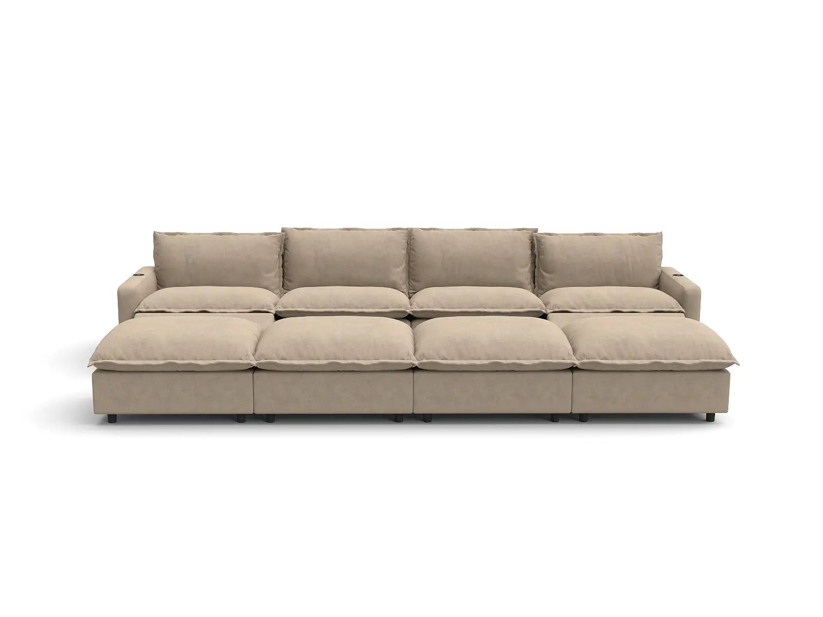 Modular Cero Sectional Couch with Chaise and Recliner | 8-Piece Khaki Linen Open Space Pit Sectionals 4-Seater with 4-Ottomans