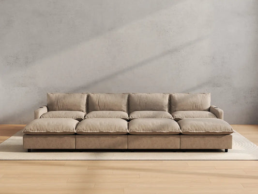 Modular Cero Reclining Sectionals | 8-Piece Khaki Linen Open Space Pit Sectionals 4-Seater with 4-Ottomans