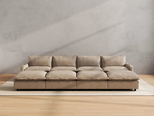 Modular Cero Reclining Sectionals | 8-Piece Khaki Linen Open Space Pit Sectionals 4-Seater with 4-Ottomans