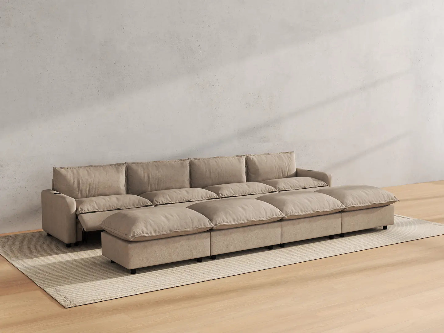Modular Cero Reclining Sectionals | 8-Piece Khaki Linen Open Space Pit Sectionals 4-Seater with 4-Ottomans