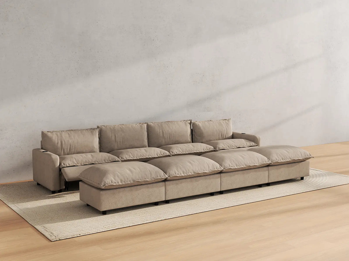 Modular Cero Reclining Sectionals | 8-Piece Khaki Linen Open Space Pit Sectionals 4-Seater with 4-Ottomans