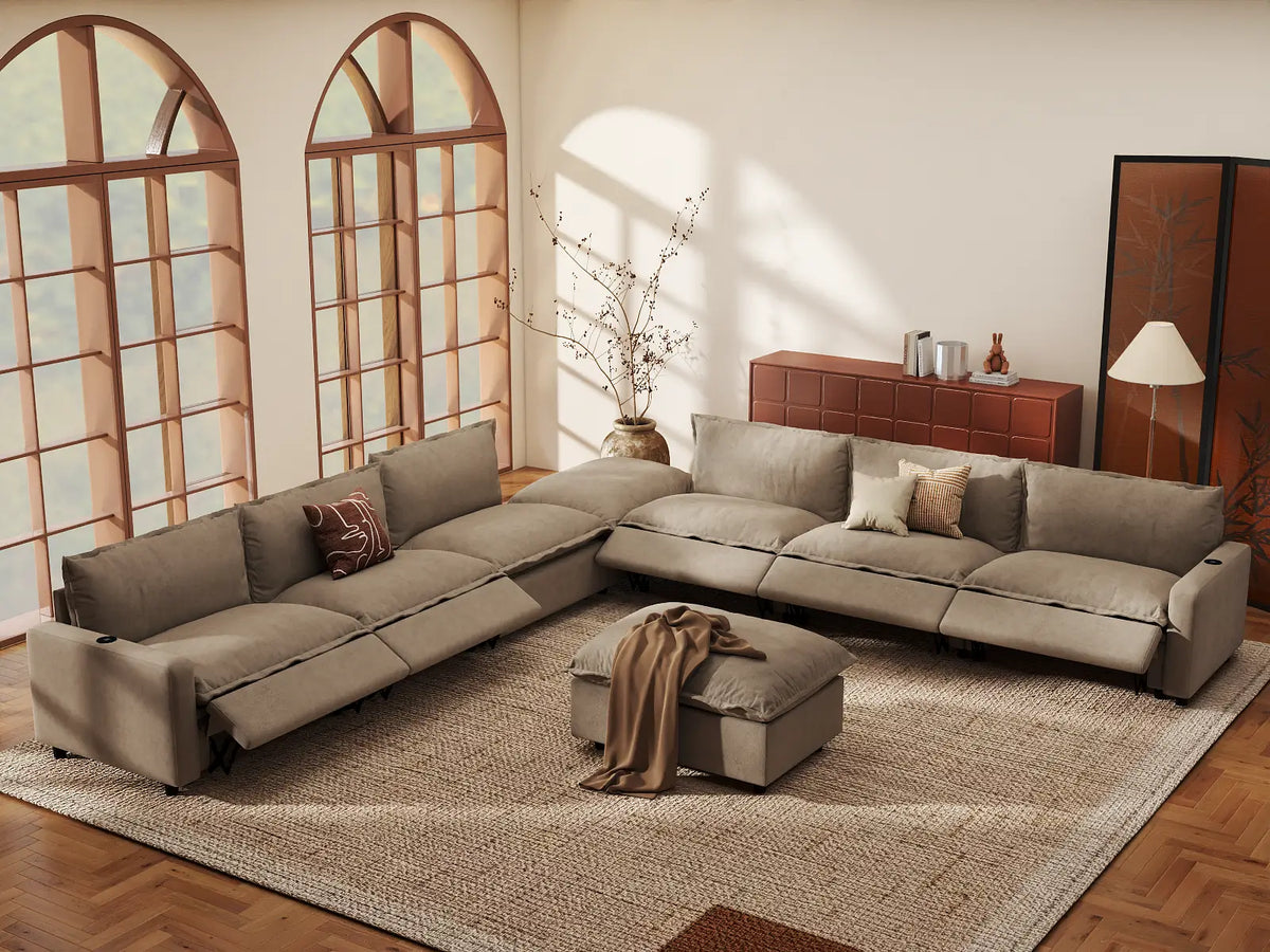 Modular Cero Reclining Sectionals | 8-Piece Khaki Linen Open Space Sofa Sets 6-Seater with 2-Ottomans
