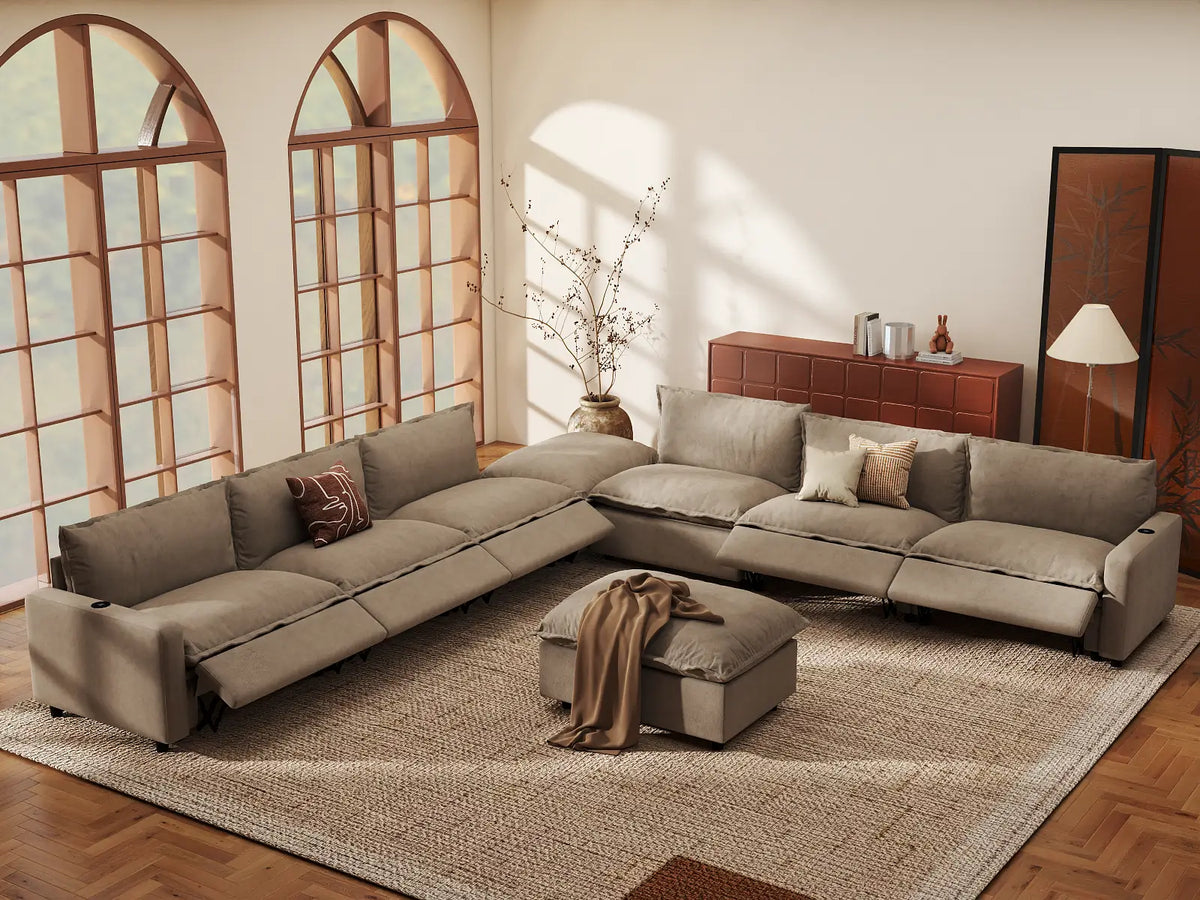 Modular Cero Reclining Sectionals | 8-Piece Khaki Linen Open Space Sofa Sets 6-Seater with 2-Ottomans