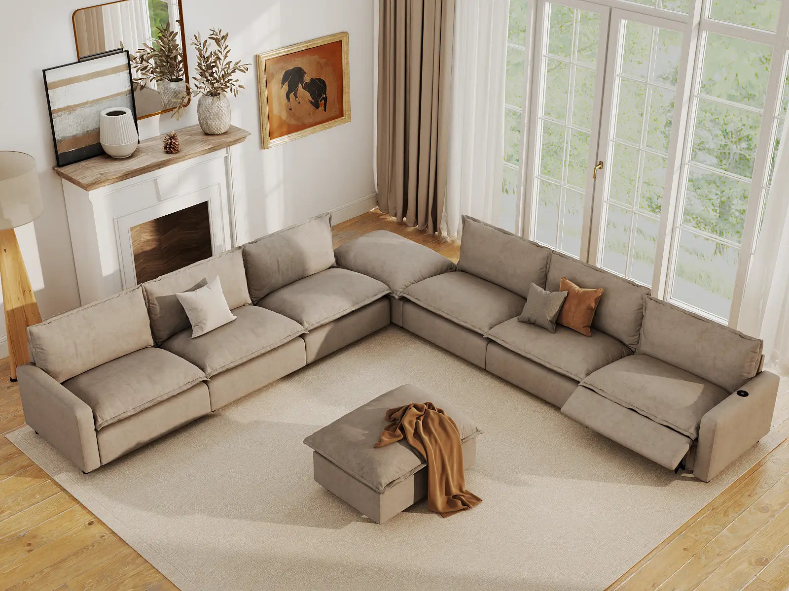 Modular Cero Sofa Set with Recliner | 8-Piece Khaki Linen Open Space Sofa Sets 6-Seater with 2-Ottomans