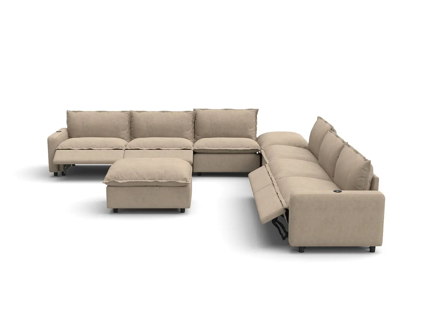 Modular Cero Modern Reclining Sofa Set | 8-Piece Khaki Linen Open Space Sofa Sets 6-Seater with 2-Ottomans