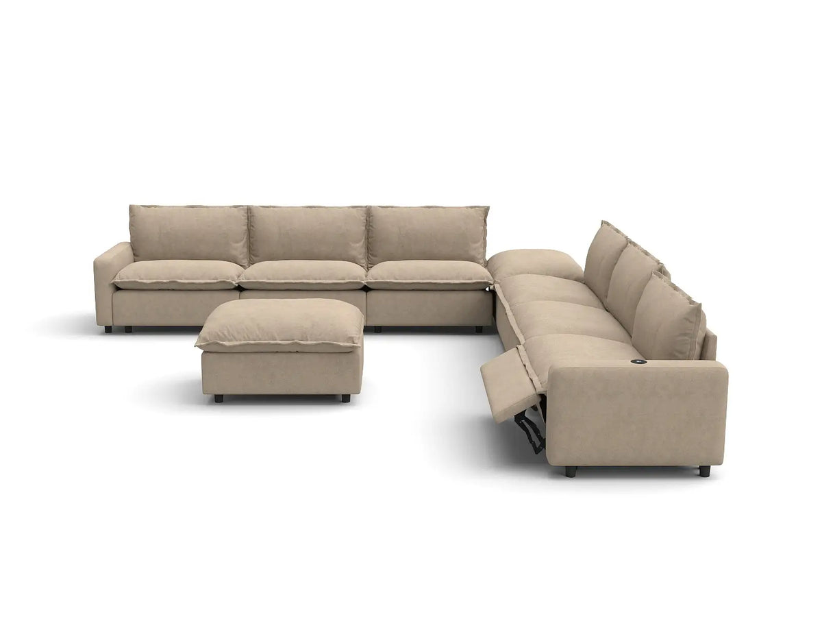 Modular Cero Reclining Sectionals | 8-Piece Khaki Linen Open Space Sofa Sets 6-Seater with 2-Ottomans