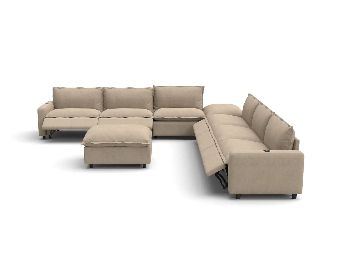 Modular Cero Reclining Sectionals | 8-Piece Khaki Linen Open Space Sofa Sets 6-Seater with 2-Ottomans