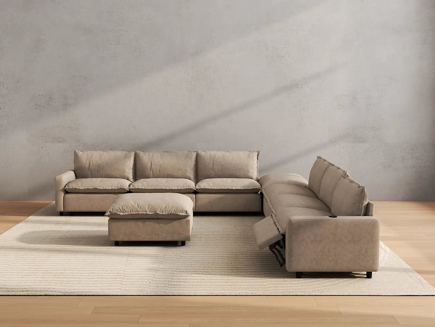 Modular Cero Reclining Sectionals | 8-Piece Khaki Linen Open Space Sofa Sets 6-Seater with 2-Ottomans