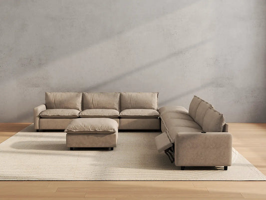 Modular Cero Reclining Sectionals | 8-Piece Khaki Linen Open Space Sofa Sets 6-Seater with 2-Ottomans