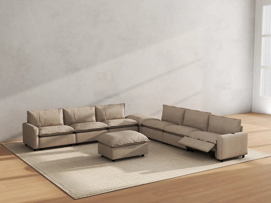 Modular Cero Reclining Sectionals | 8-Piece Khaki Linen Open Space Sofa Sets 6-Seater with 2-Ottomans