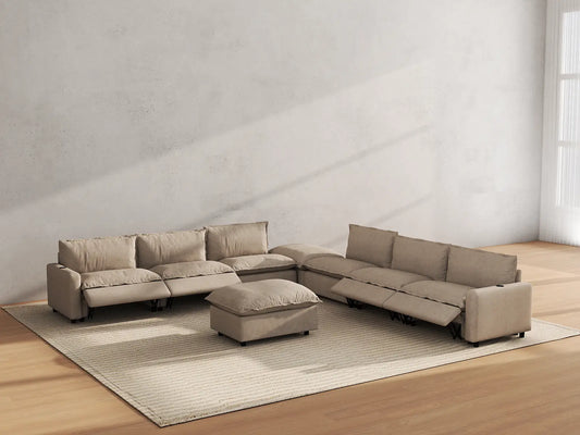 Modular Cero Reclining Sectionals | 8-Piece Khaki Linen Open Space Sofa Sets 6-Seater with 2-Ottomans