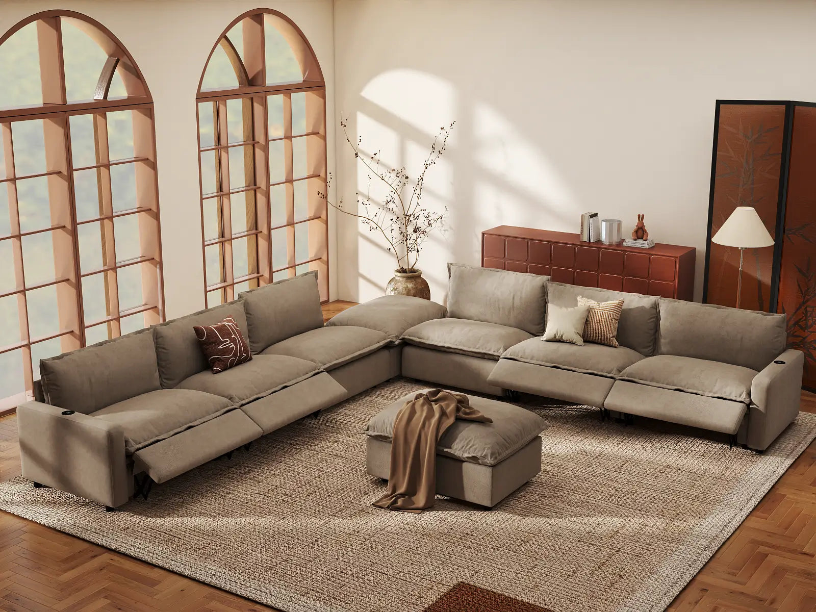 Modular Cero Modern Reclining Sofa Set | 8-Piece Khaki Linen Open Space Sofa Sets 6-Seater with 2-Ottomans
