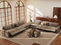 Modular Cero Modern Reclining Sofa Set | 8-Piece Khaki Linen Open Space Sofa Sets 6-Seater with 2-Ottomans