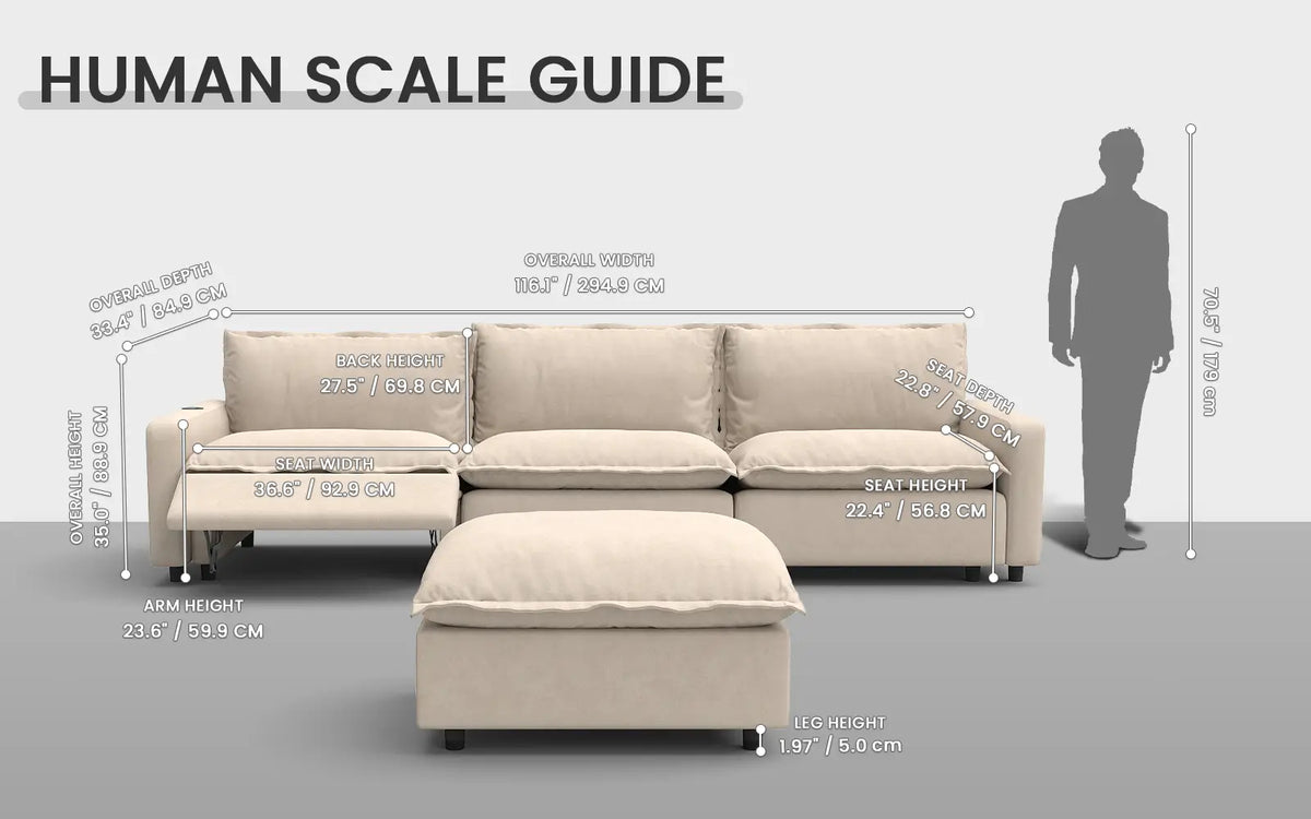 Modular Cero Reclining Sectionals 4 Piece Beige Linen Main Living Area Chaise Sectionals 3 Seater with 1 Ottoman 1