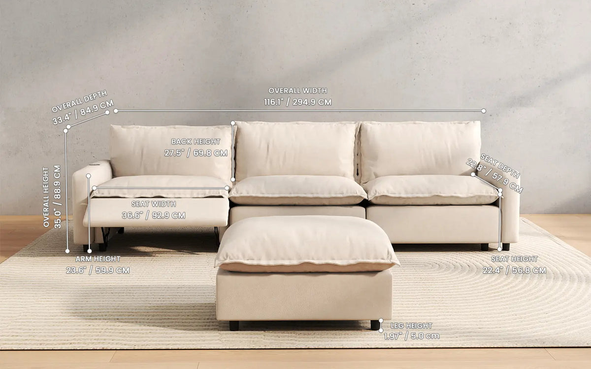 Modular Cero Reclining Sectionals 4 Piece Beige Linen Main Living Area Chaise Sectionals 3 Seater with 1 Ottoman 2