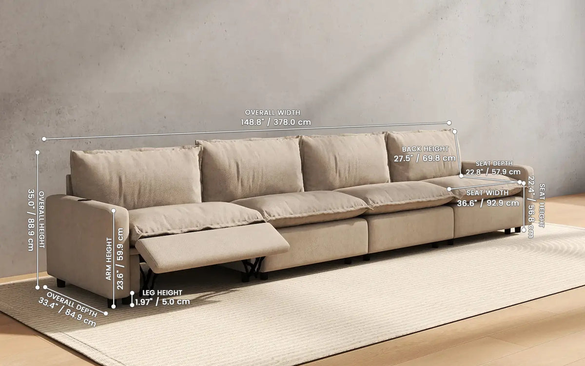 Modular Cero Reclining Sectionals 4 Piece Khaki Linen Home Theater Couch Sectionals 4 Seater 2