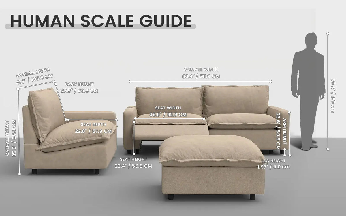 Modular Cero Reclining Sectionals 4 Piece Khaki Linen Large Space Chaise Sectionals 3 Seater with 1 Ottoman 1