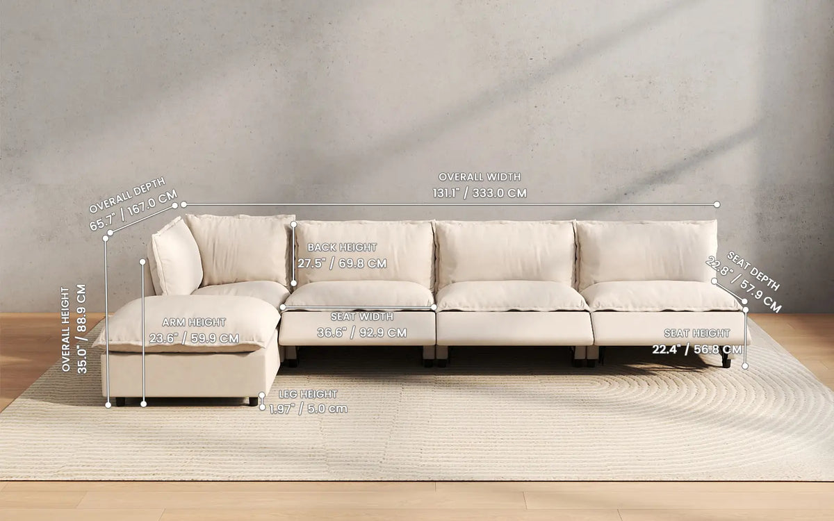 Modular Cero Reclining Sectionals 5 Piece Beige Linen Back Pain Relief L Shaped Sectionals 4 Seater with 1 Ottoman 2
