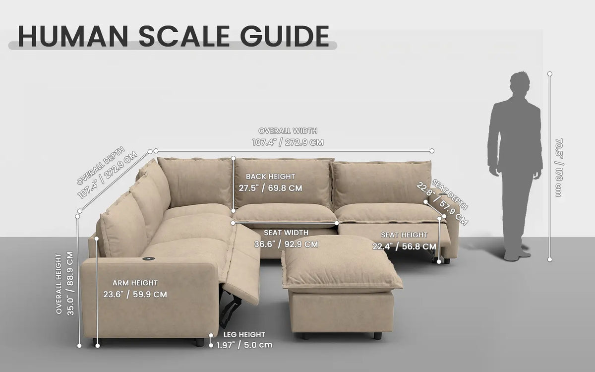 Modular Cero Reclining Sectionals 6 Piece Khaki Linen VIP Lounge Seat Sofa Sets 5 Seater with 1 Ottoman 1