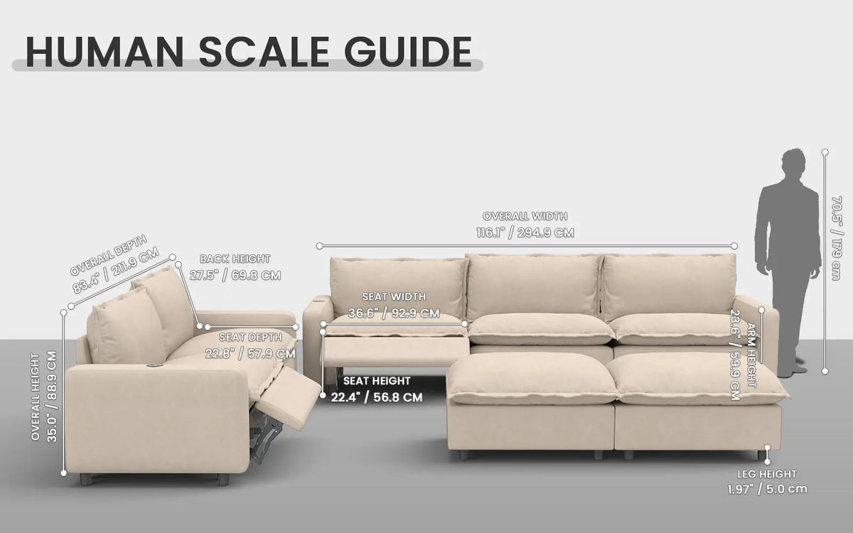 Modular Cero Reclining Sectionals 7 Piece Beige Linen Down Filled Back Sofa Sets 5 Seater with 2 Ottomans 1