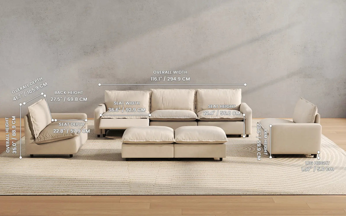 Modular Cero Reclining Sectionals 7 Piece Beige Linen Zero Gravity Mode Sofa Sets 5 Seater with 2 Ottomans 2