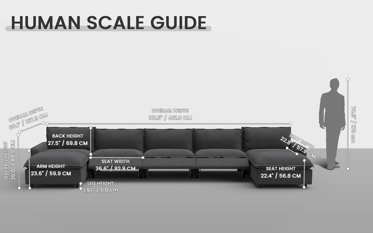 Modular Cero Reclining Sectionals 7 Piece Grey Linen Built In Footrest U Shaped Sectionals 5 Seater with 2 Ottomans 1