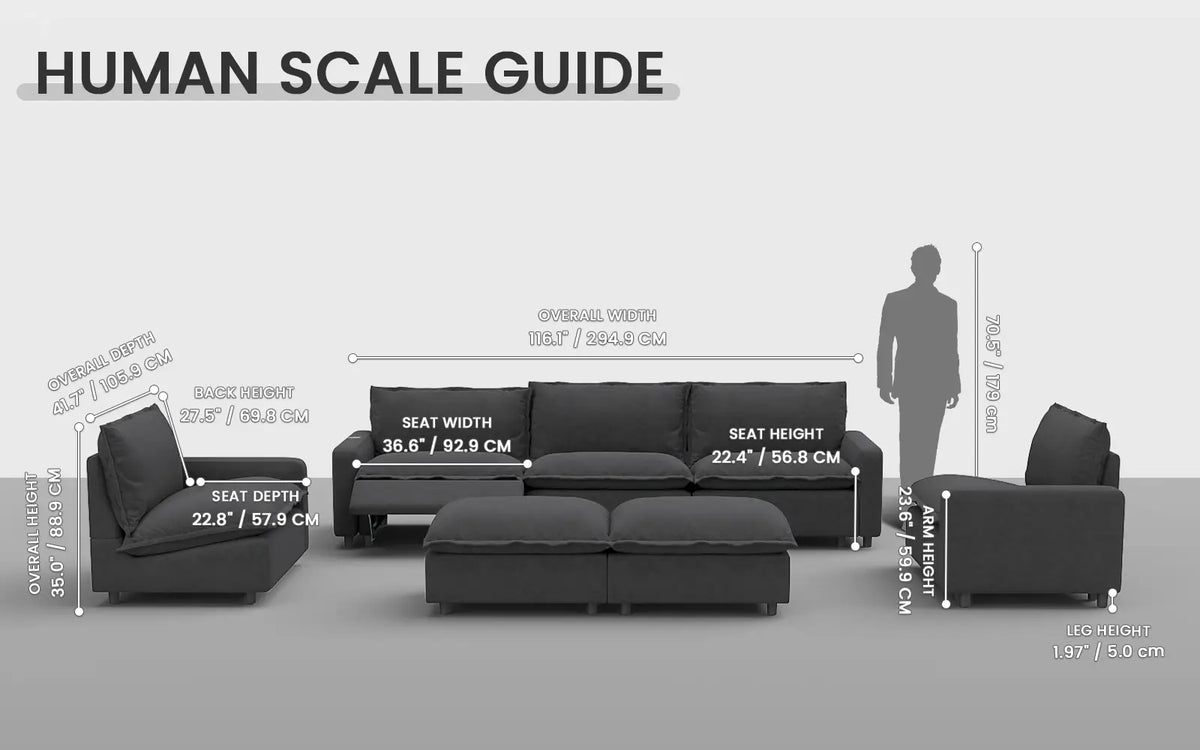 Modular Cero Reclining Sectionals 7 Piece Grey Linen Down Filled Back Sofa Sets 5 Seater with 2 Ottomans 1