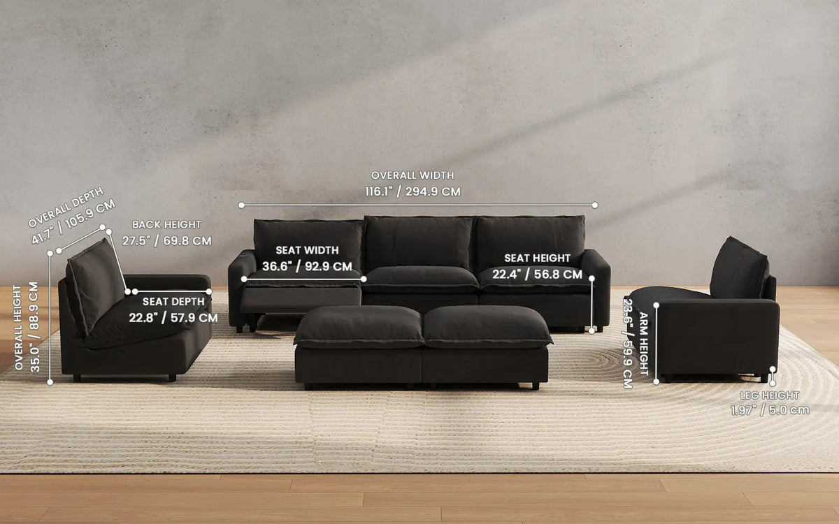 Modular Cero Reclining Sectionals 7 Piece Grey Linen Down Filled Back Sofa Sets 5 Seater with 2 Ottomans 2