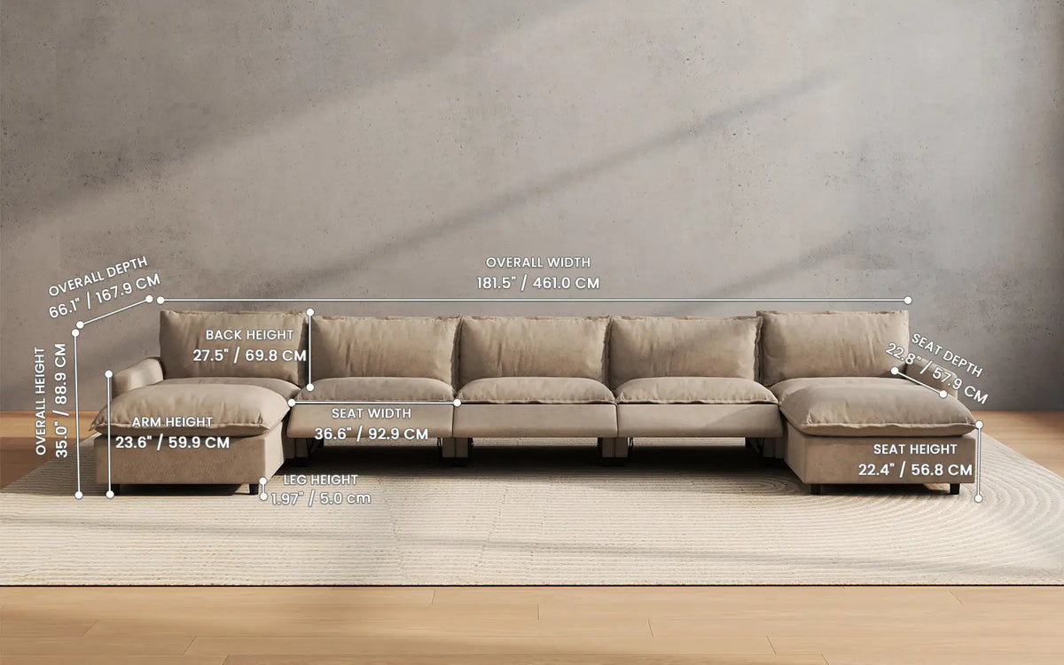 Modular Cero Reclining Sectionals 7 Piece Khaki Linen Work Or Nap U Shaped Sectionals 5 Seater with 2 Ottomans 2