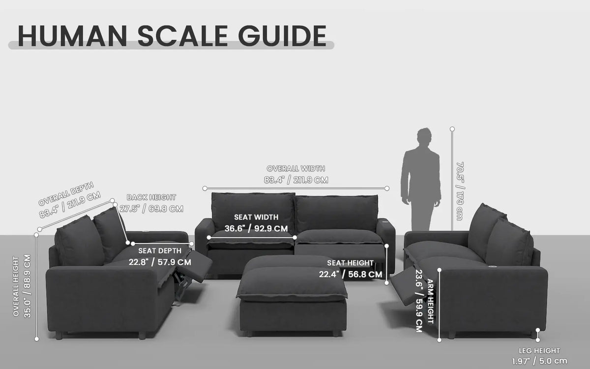 Modular Cero Reclining Sectionals 8 Piece Grey Linen Stretch Out Fully Sofa Sets 6 Seater with 2 Ottomans