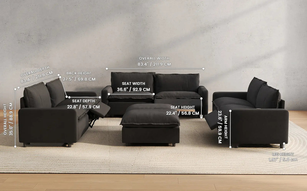 Modular Cero Reclining Sectionals 8 Piece Grey Linen Stretch Out Fully Sofa Sets 6 Seater with 2 Ottomans