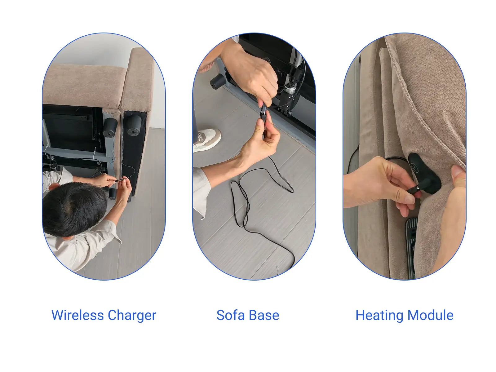Step 3: Connect the power adapter to the base, wireless charger, and heating module